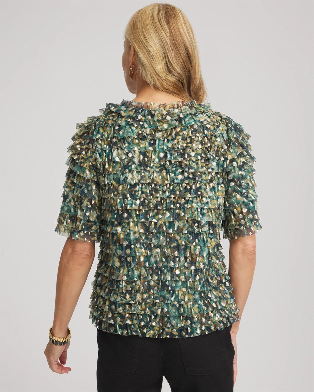 Chico's Clothing Foiled Mesh Ruffle Crop Tee