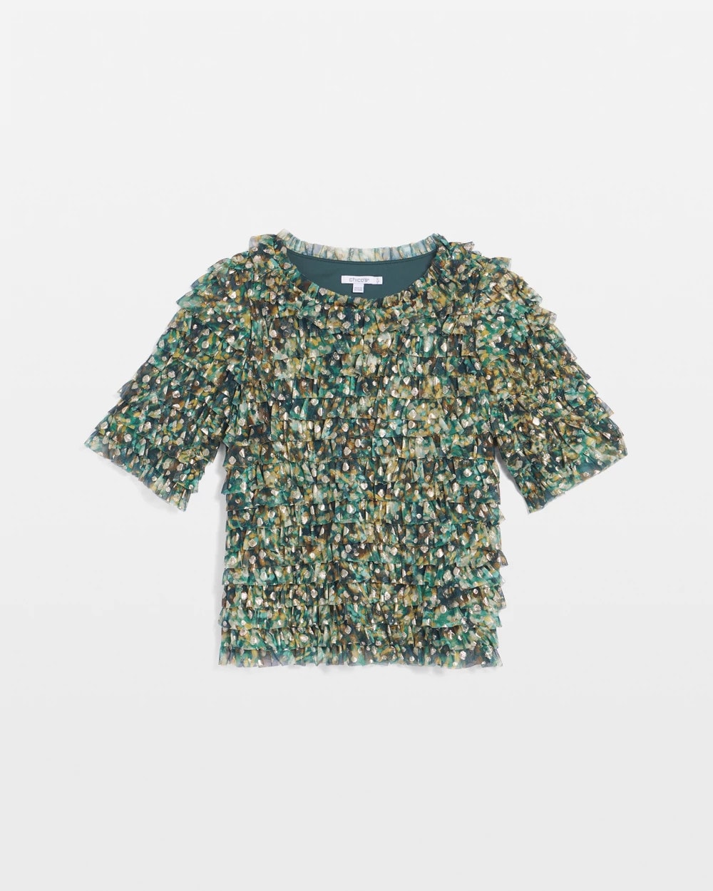 Chico's Clothing Foiled Mesh Ruffle Crop Tee