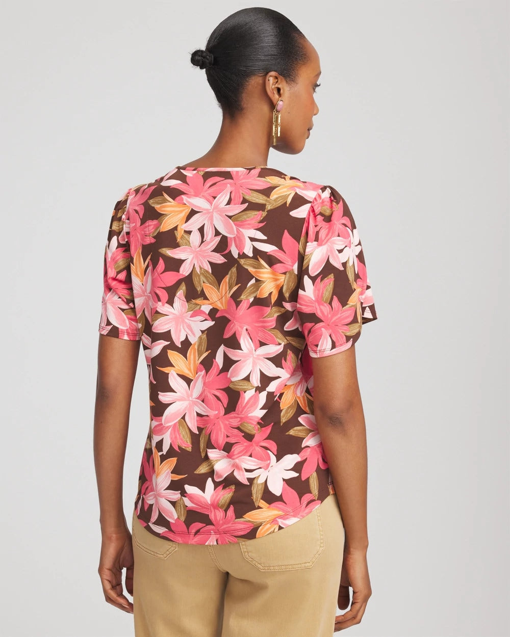 Chico's Clothing Floral Petal-Sleeve Voop Neck Tee