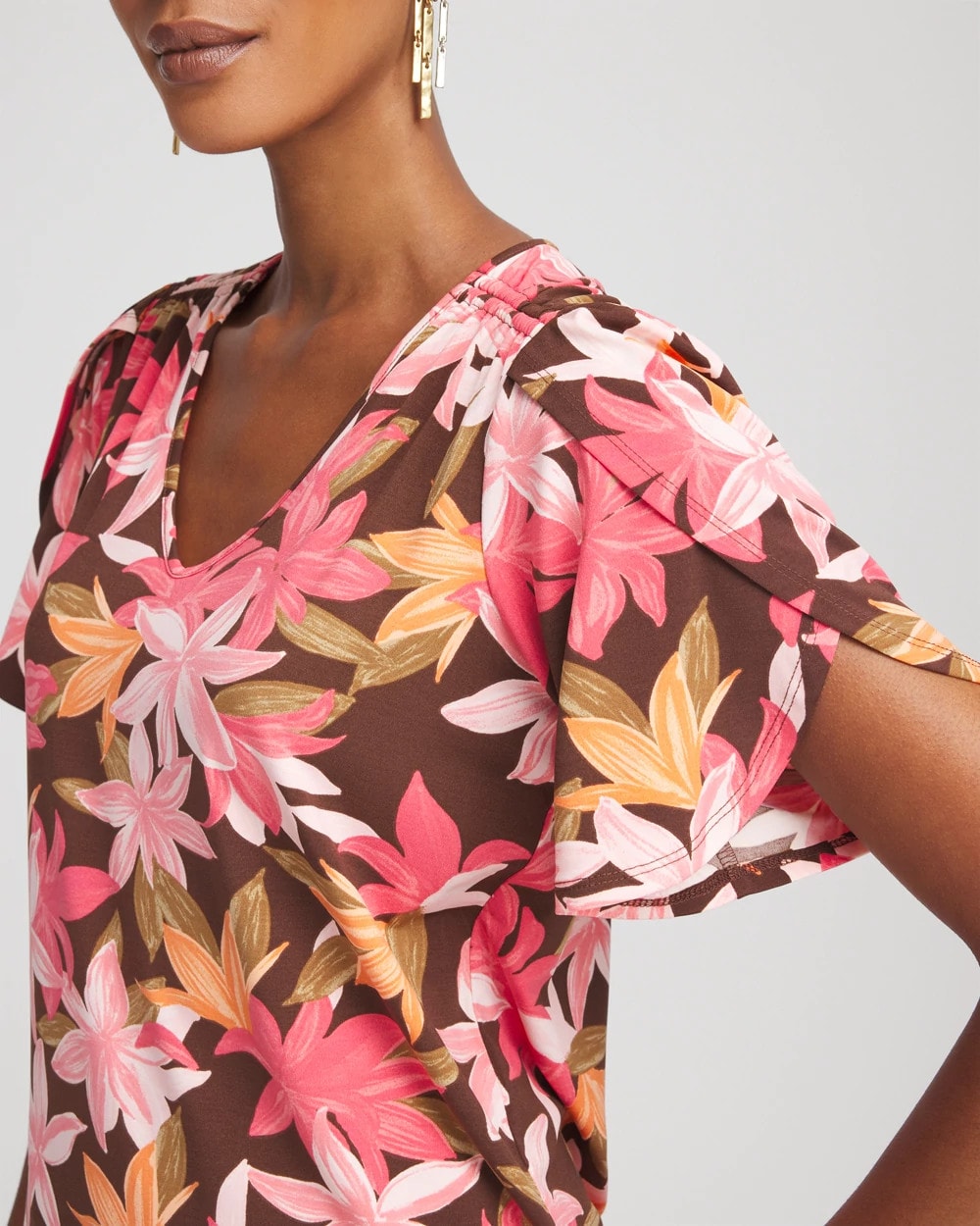 Chico's Clothing Floral Petal-Sleeve Voop Neck Tee