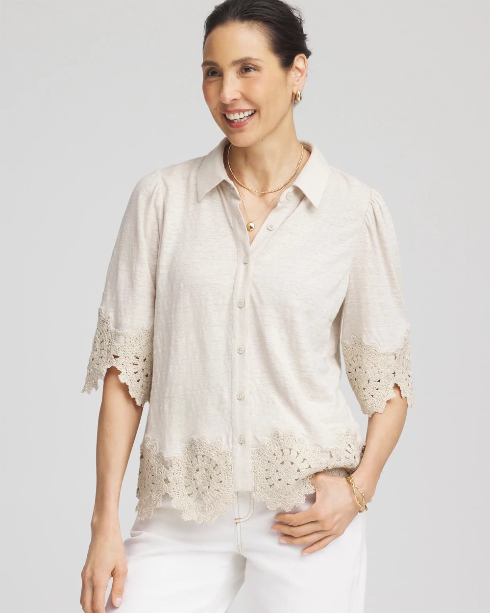 Chico's Clothing Crochet Trim Linen Shirt