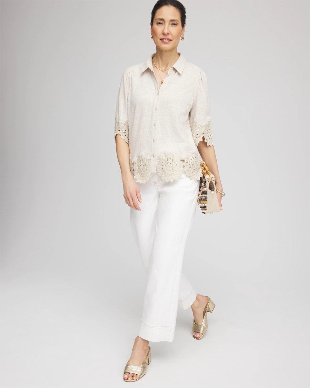 Chico's Clothing Crochet Trim Linen Shirt