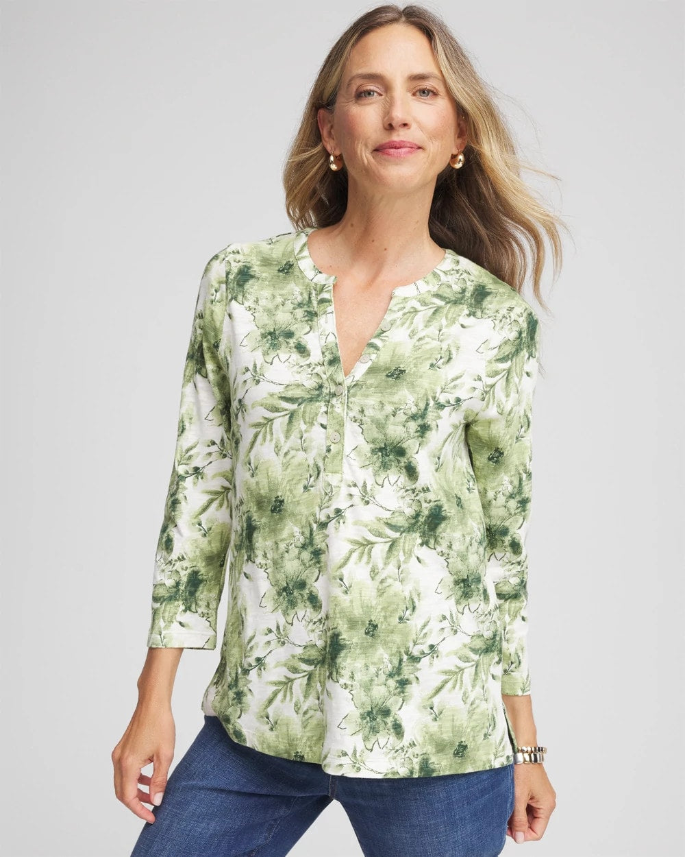 Chico's Clothing Printed Slub Splitneck Henley Tee