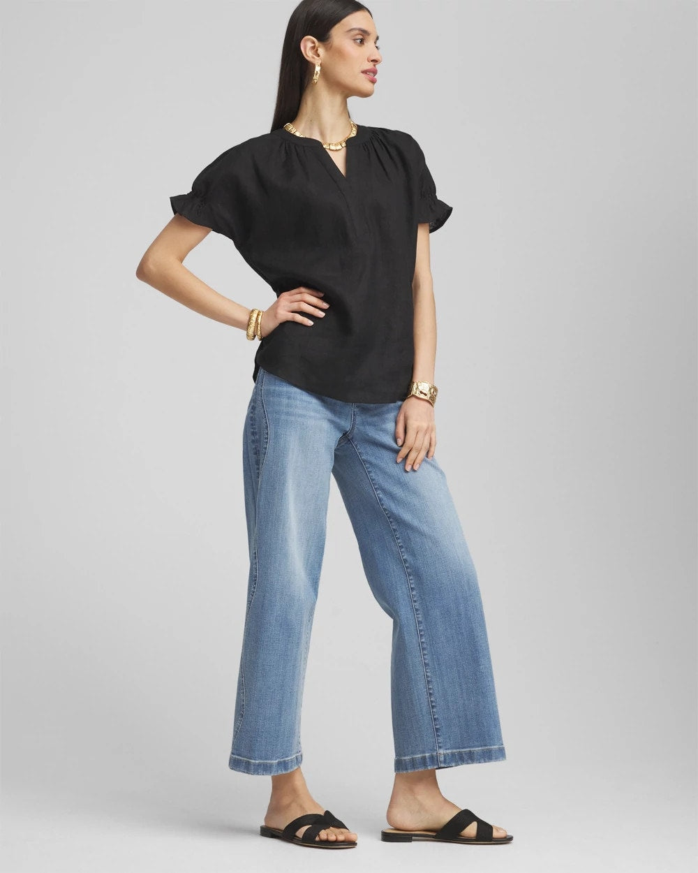 Chico's Clothing Linen Flutter-Sleeve Popover Top