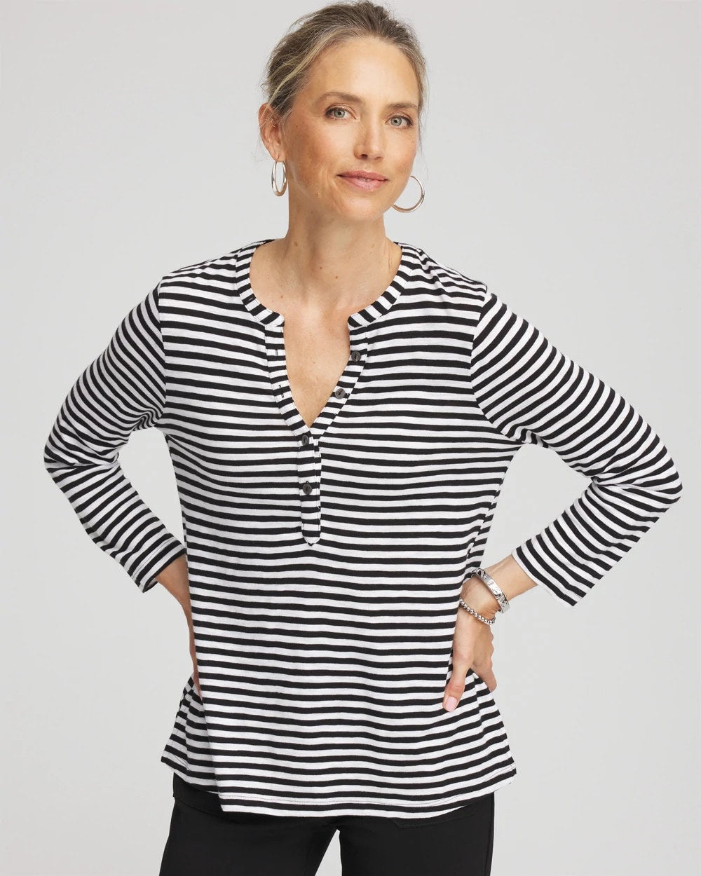 Chico's Clothing Striped Slub Splitneck Henley Tee