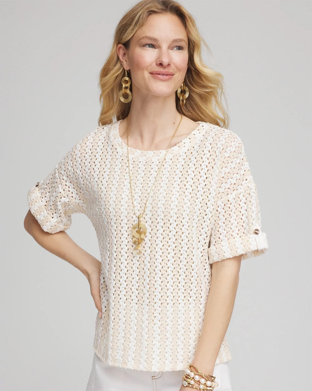 Chico's Clothing Textured Roll Cuff Tee