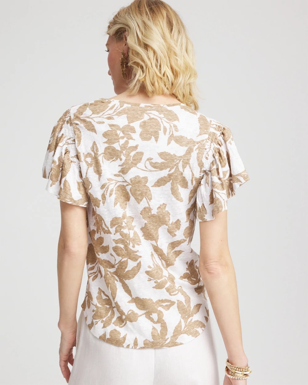 Chico's Clothing Linen Leaf Print Flutter Sleeve Tee