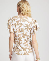 Chico's Clothing Linen Leaf Print Flutter Sleeve Tee