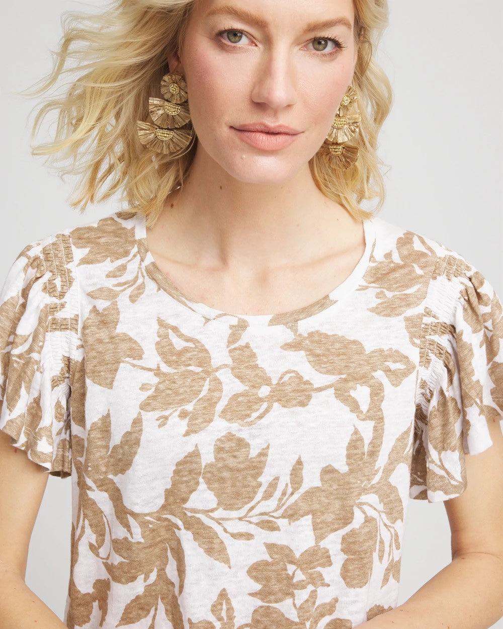 Chico's Clothing Linen Leaf Print Flutter Sleeve Tee
