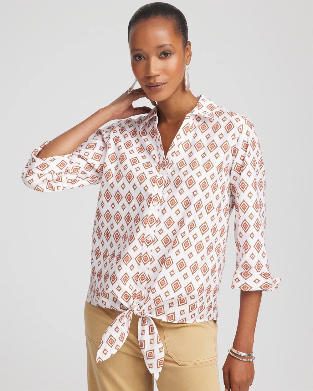 Chico's Clothing No Iron™ Tie-Front Geo-Print Shirt