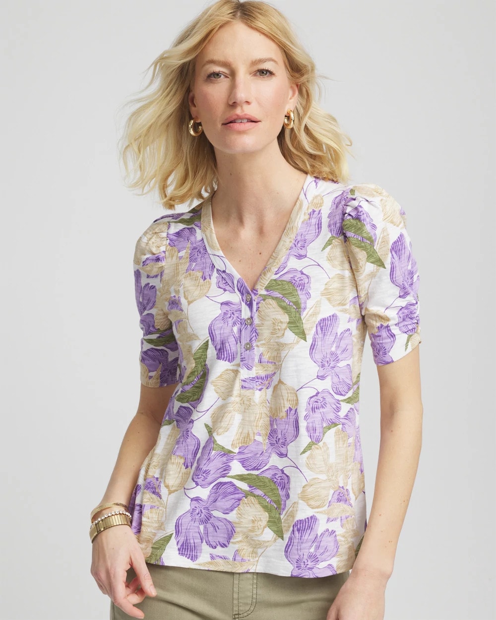Chico's Clothing Floral Slub Henley Tee