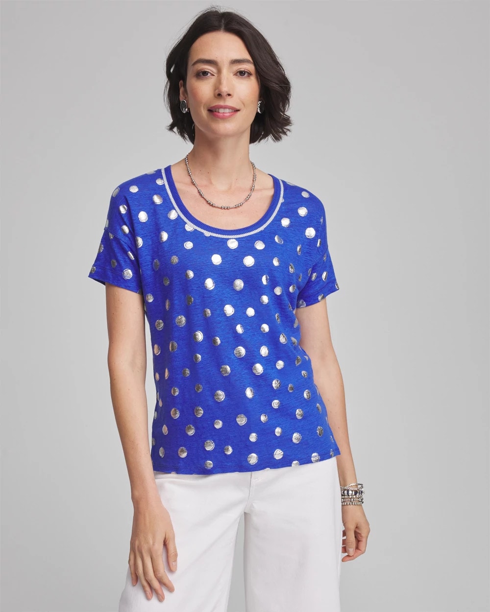 Chico's Clothing Foiled Polka-Dot Sweater-Trim Linen Tee