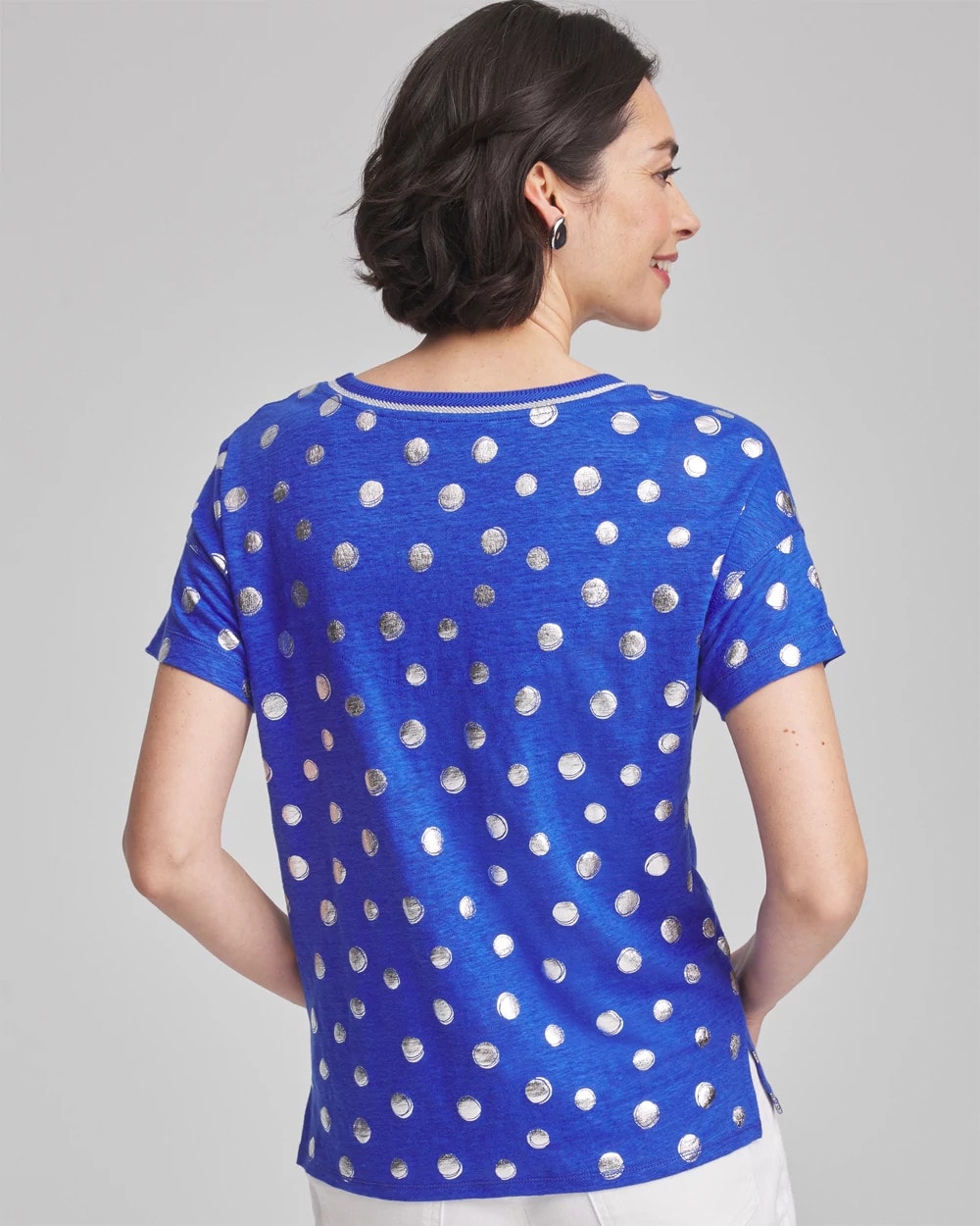 Chico's Clothing Foiled Polka-Dot Sweater-Trim Linen Tee