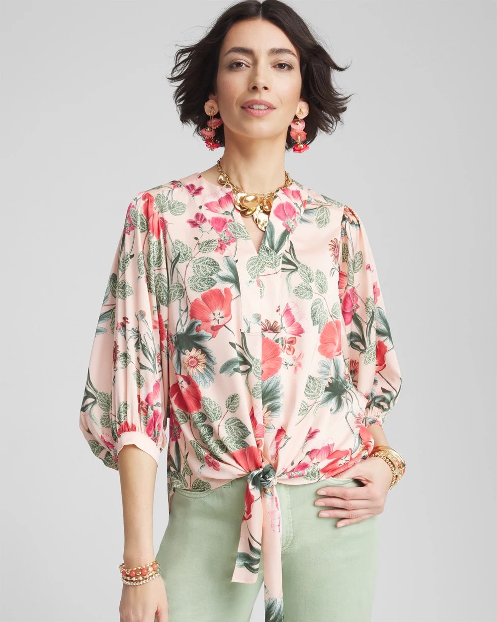 Chico's Clothing Floral Satin Tie-Front Pullover Top