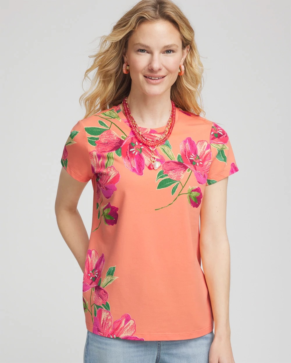 Chico's Clothing Floral Cap-Sleeve Tee
