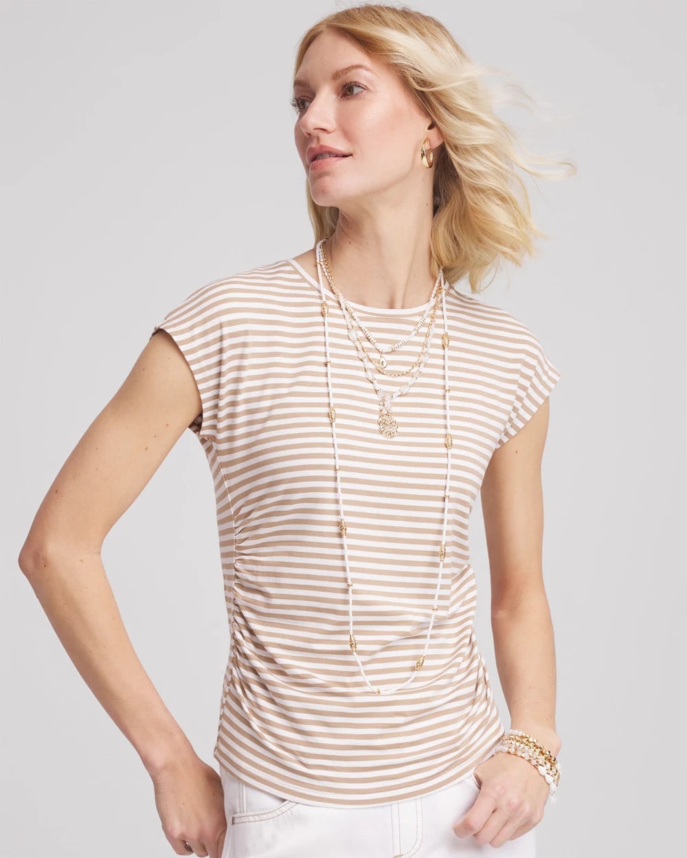Chico's Clothing Neutral Striped Cap Sleeve Dolman Tee