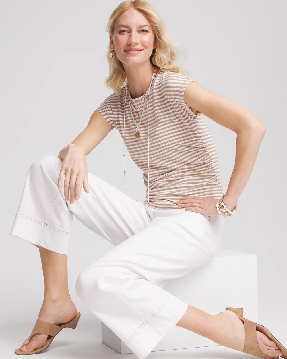Chico's Clothing Neutral Striped Cap Sleeve Dolman Tee