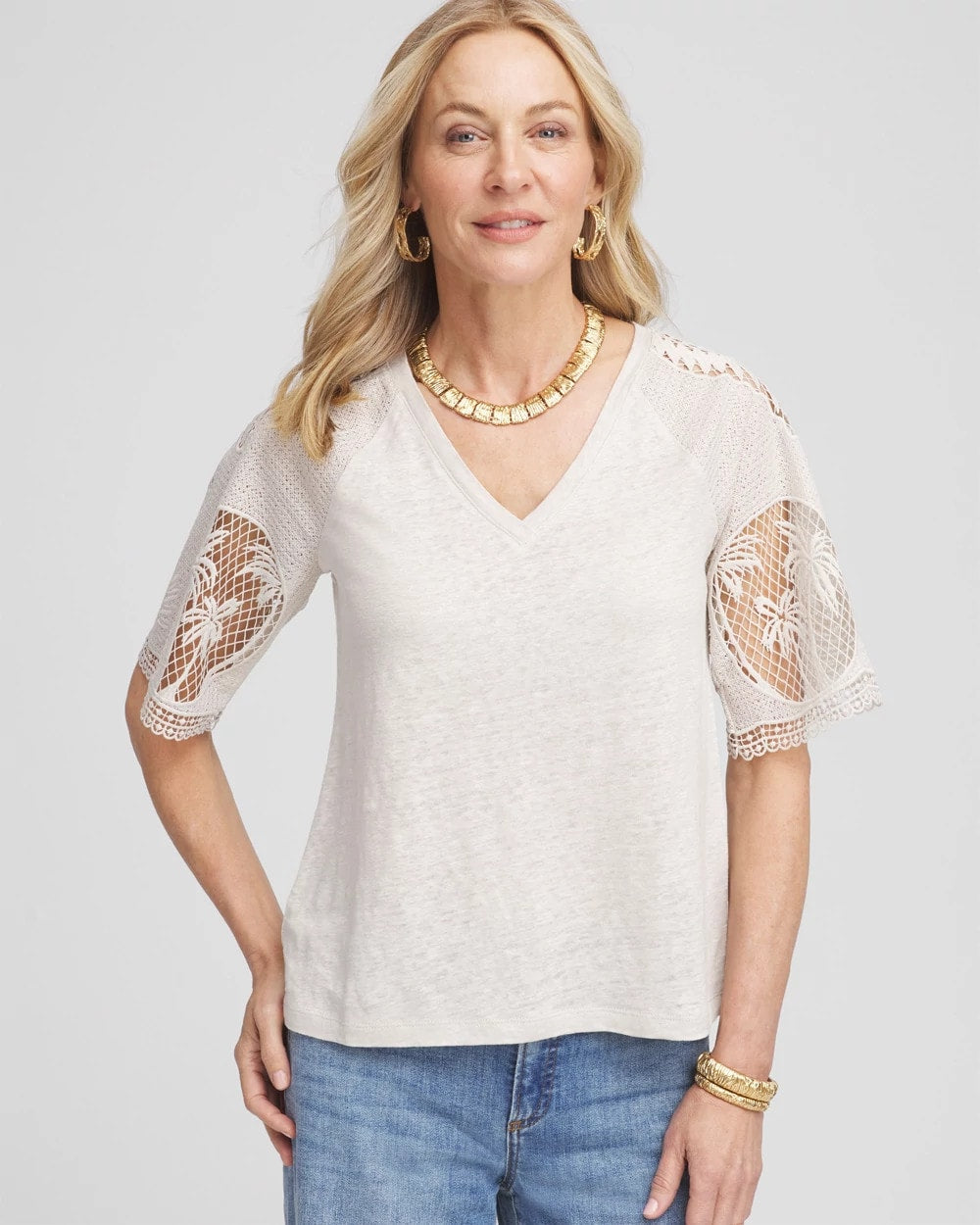 Chico's Clothing Linen Crochet Lace Short Sleeve Tee