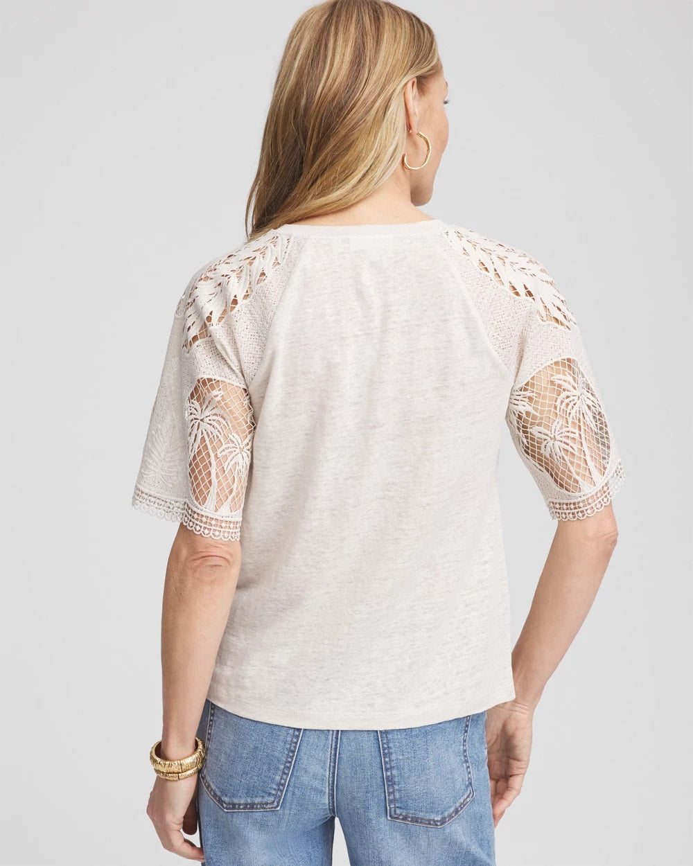 Chico's Clothing Linen Crochet Lace Short Sleeve Tee