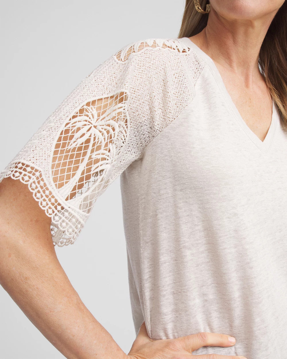 Chico's Clothing Linen Crochet Lace Short Sleeve Tee