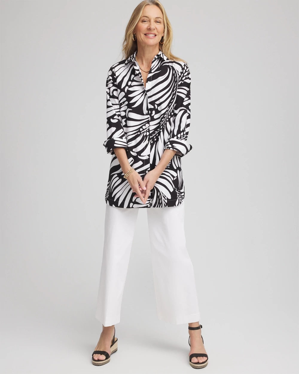 Chico's Clothing No Iron™ Printed Palms Button Down Tunic