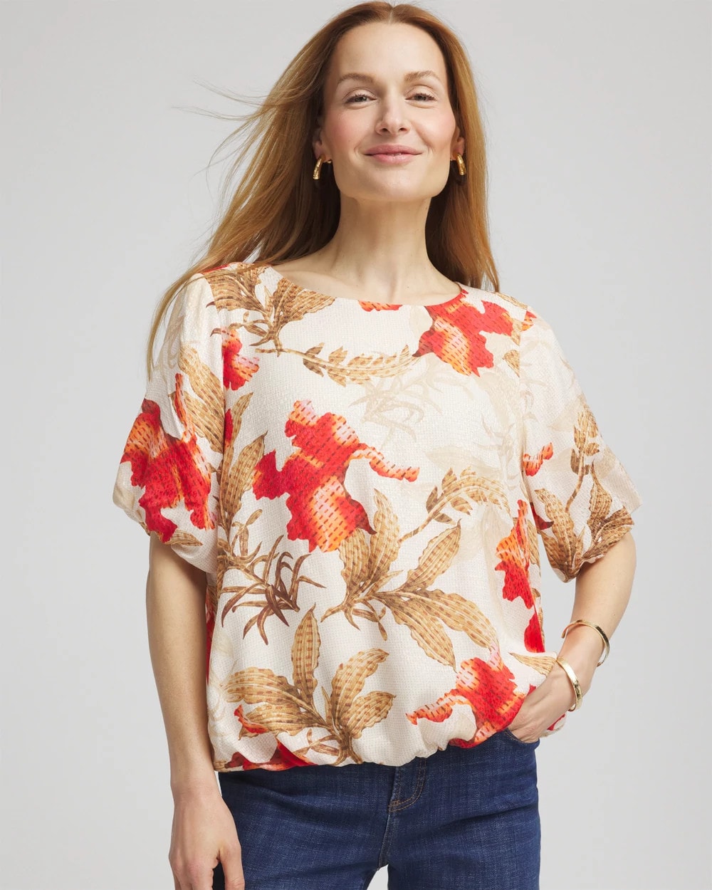Chico's Clothing Floral Bubble-Hem Blouse