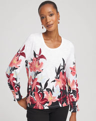 Chico's Clothing Floral-Motif Smocked Cotton-Slub Tee