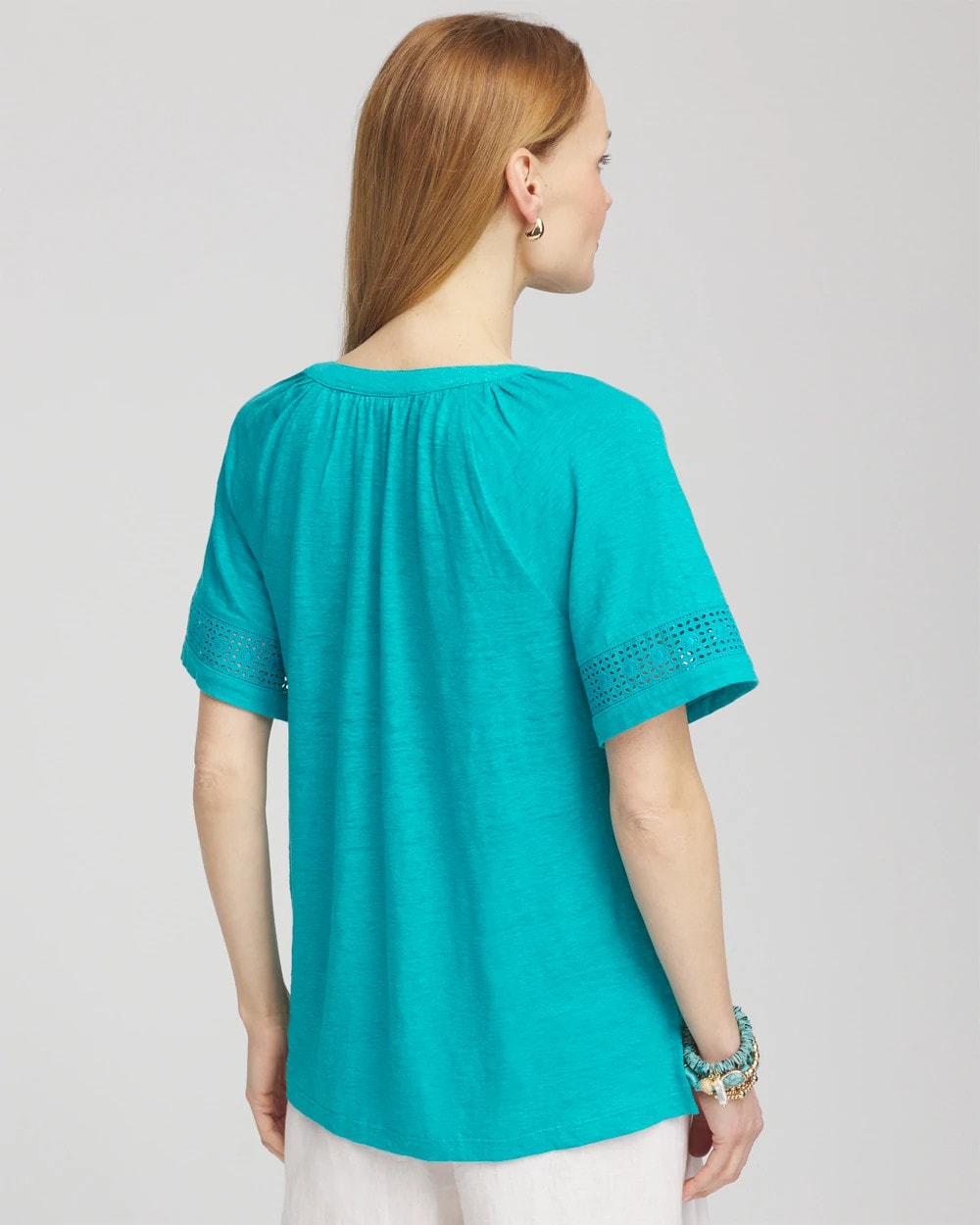 Chico's Clothing Linen Lace-Cutwork Sleeve Henley Tee