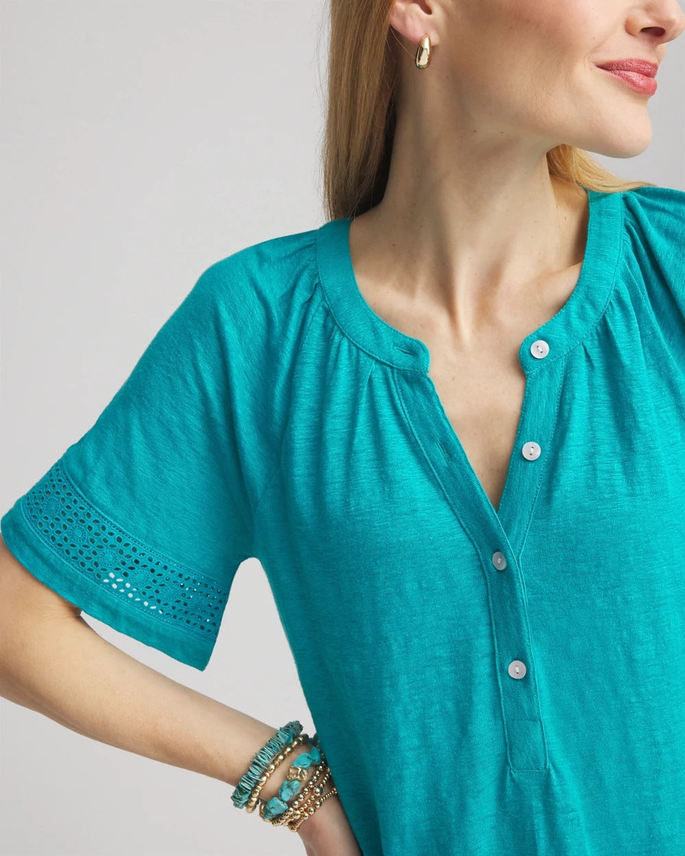Chico's Clothing Linen Lace-Cutwork Sleeve Henley Tee