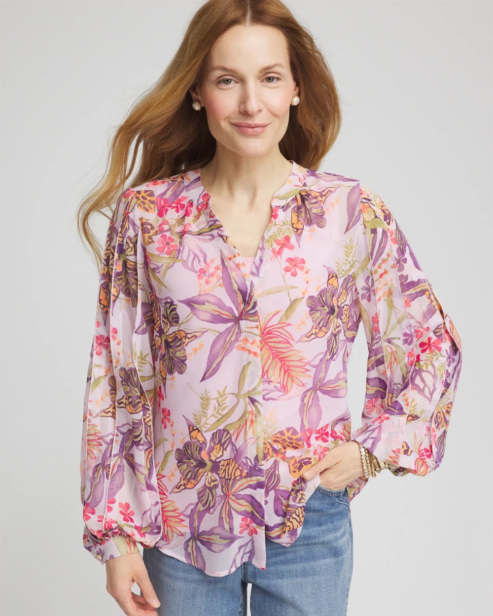 Chico's Clothing Floral Georgette Pintuck Blouse