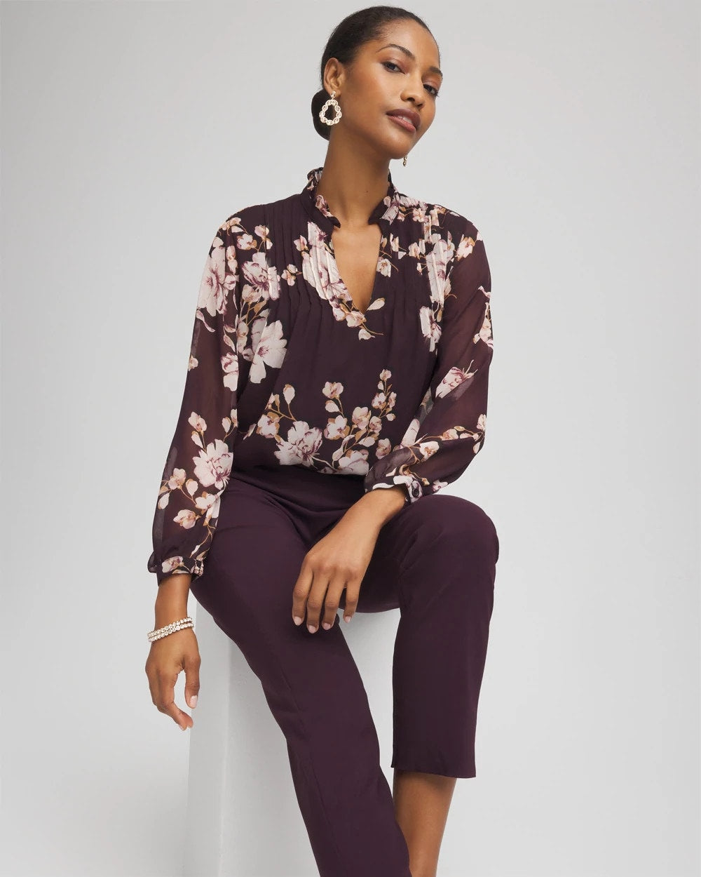 Chico's Clothing Frosty Floral Ruffleneck Blouse
