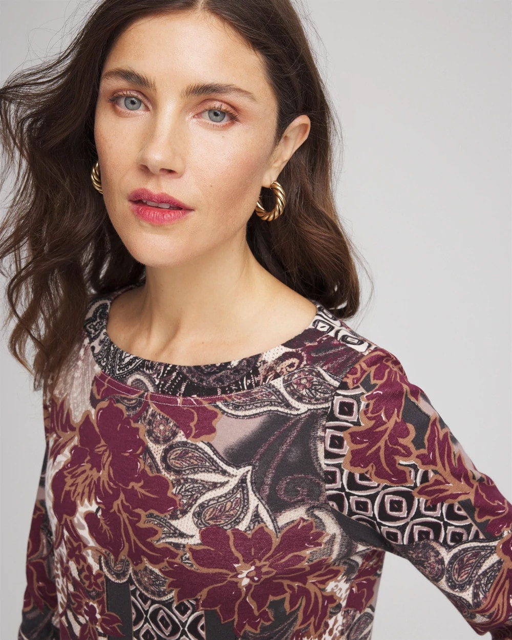 Chico's Clothing Printed Pima Cotton Bateau-Neck Tee