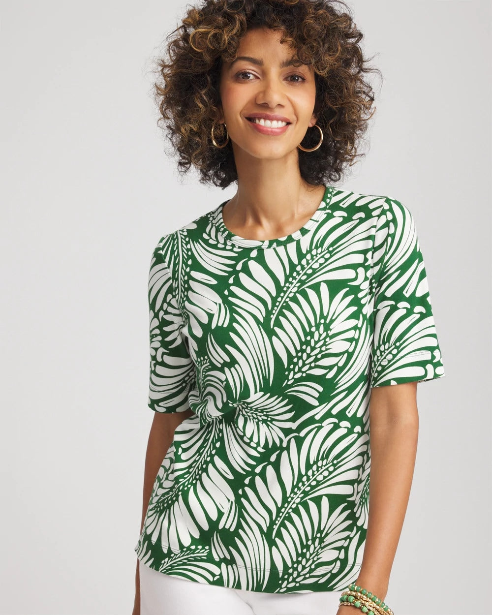 Chico's Clothing Palm-Frond-Motif Classic-Fit Pima Tee