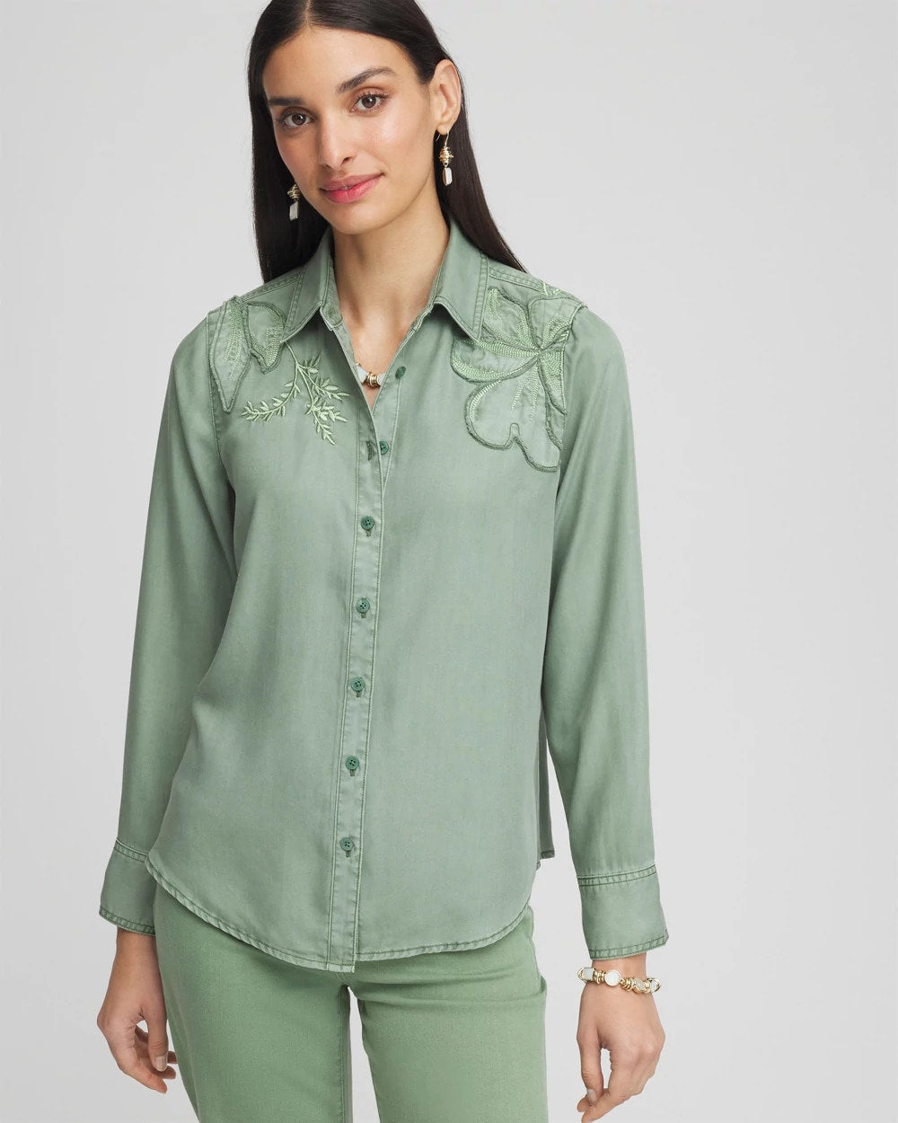 Chico's Clothing Embellished Lyocell Tencel™ Collared Shirt