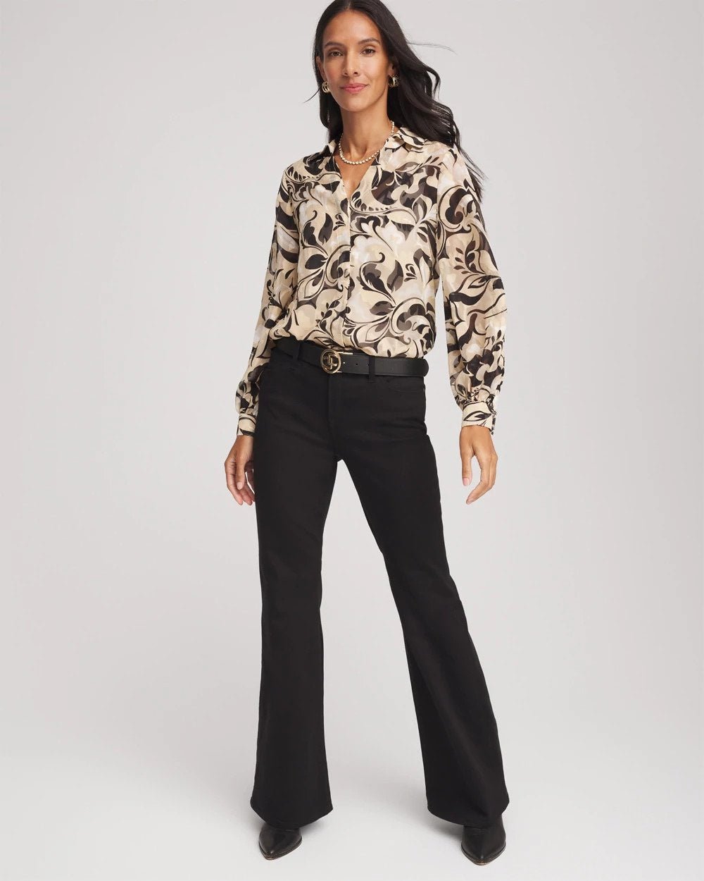 Chico's Clothing Floral Burnout Blouson-Sleeve Blouse