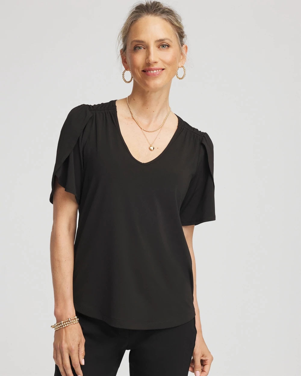 Chico's Clothing Petal-Sleeve Voop Neck Tee