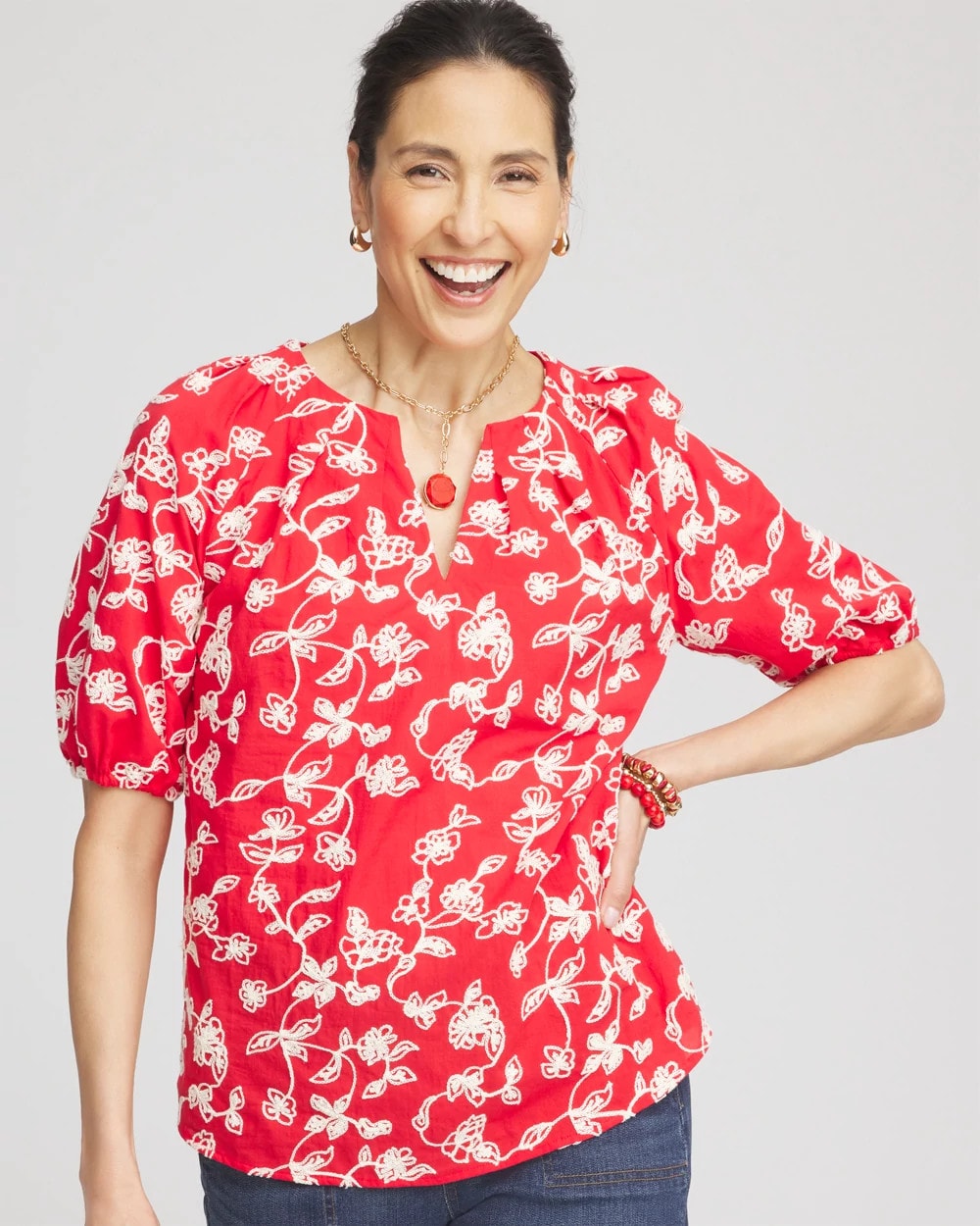 Chico's Clothing Floral Embroidered Cotton Peasant Blouse
