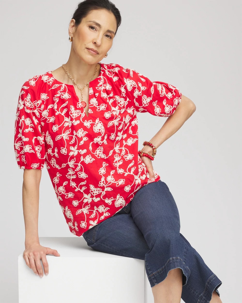 Chico's Clothing Floral Embroidered Cotton Peasant Blouse