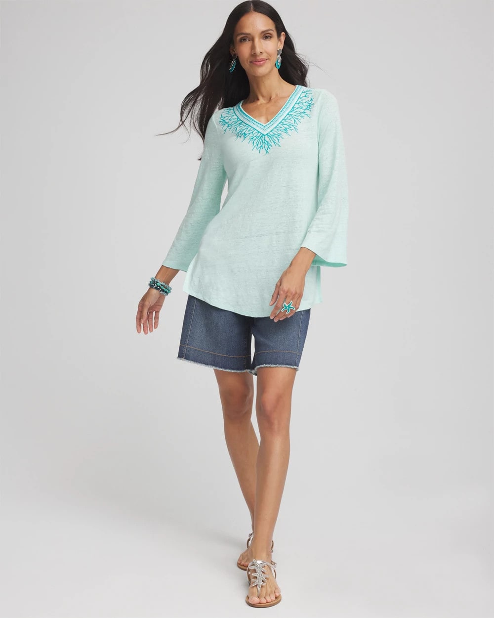 Chico's Clothing Linen Embroidered V-Neck Tunic