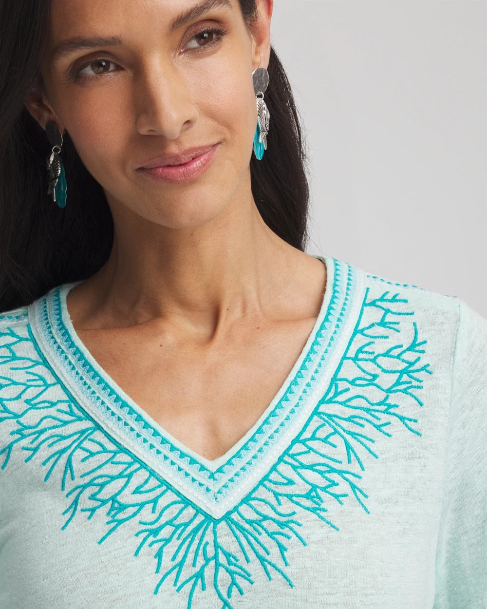 Chico's Clothing Linen Embroidered V-Neck Tunic