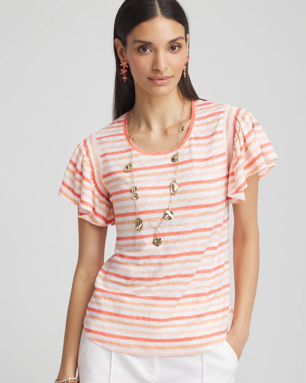 Chico's Clothing Striped Linen Smocked Flutter-Sleeved Tee