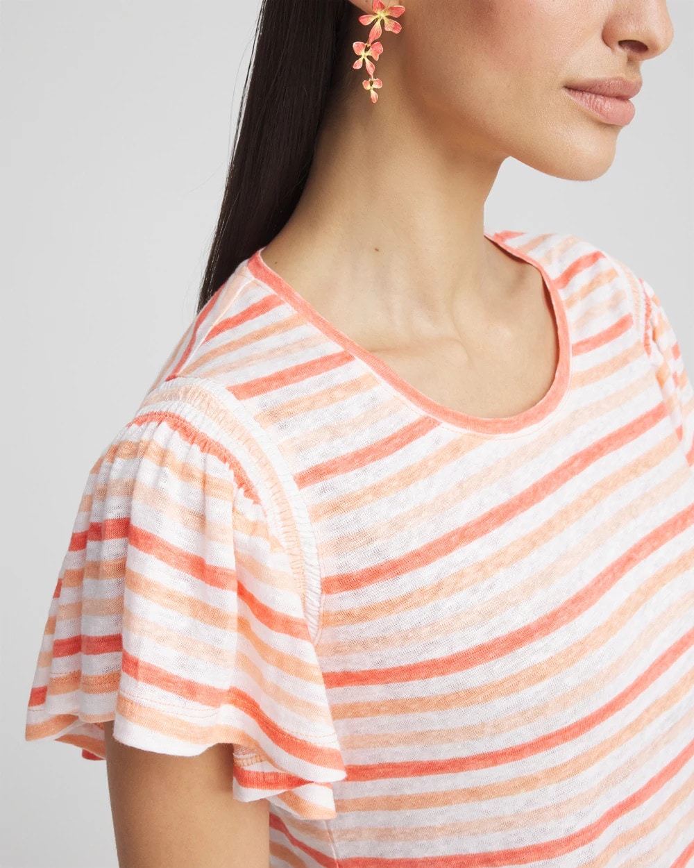 Chico's Clothing Striped Linen Smocked Flutter-Sleeved Tee