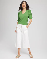 Chico's Clothing Ruched Sleeve V-Neck Tee