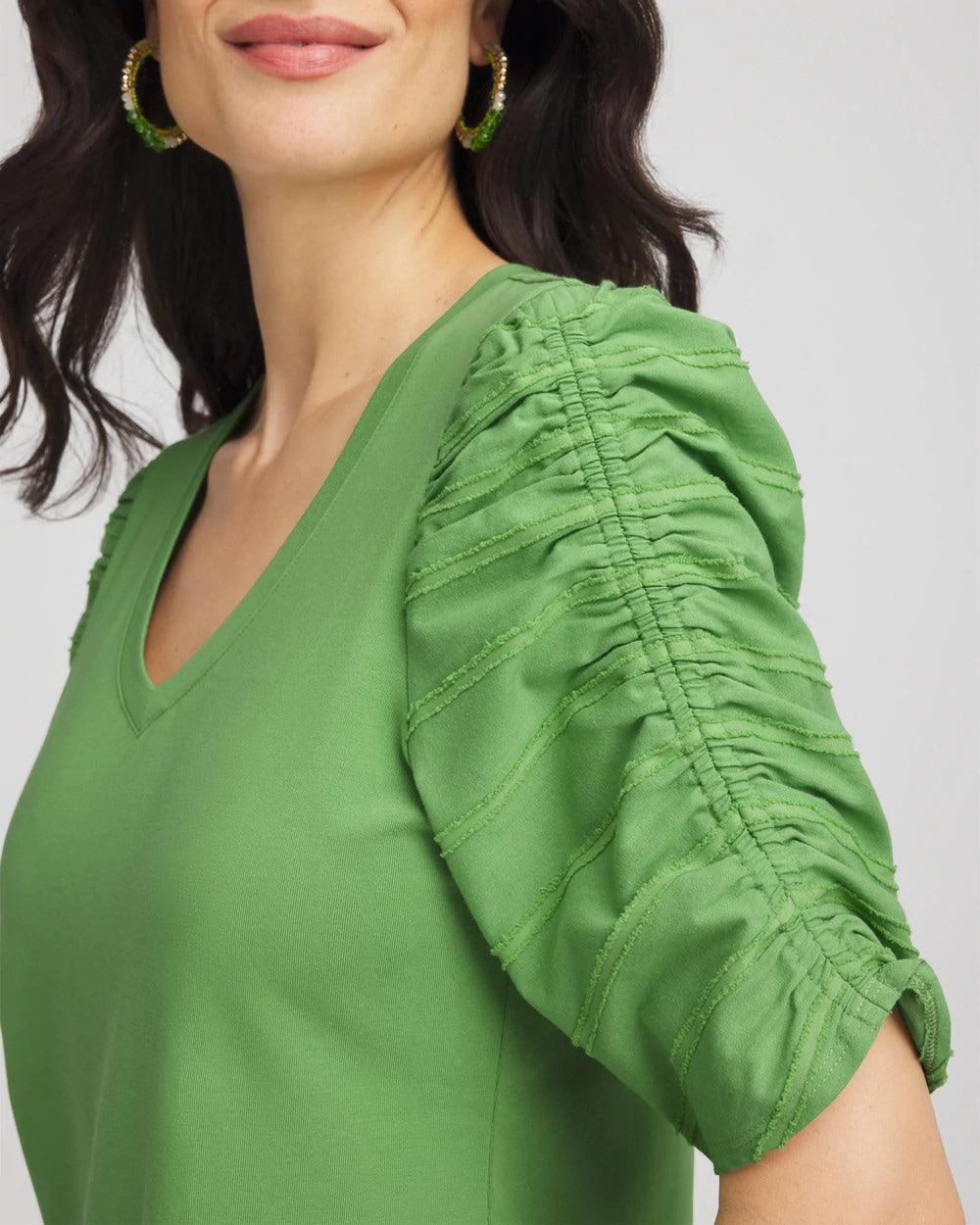 Chico's Clothing Ruched Sleeve V-Neck Tee