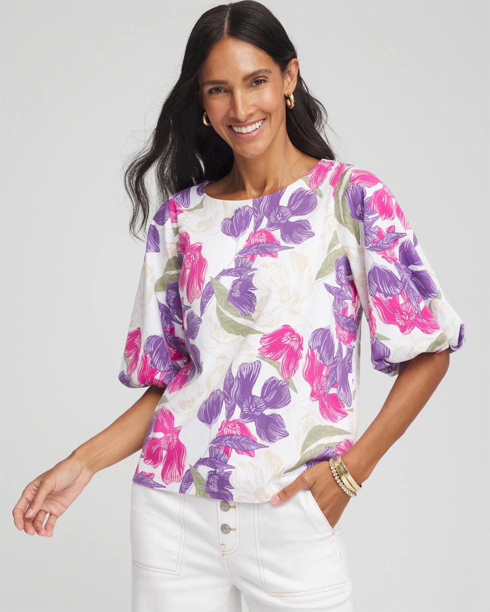 Chico's Clothing Floral Bubble Sleeve Top