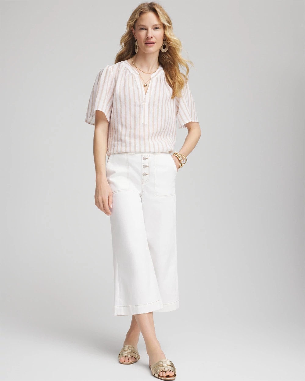 Chico's Clothing Striped Linen Popover Shirt