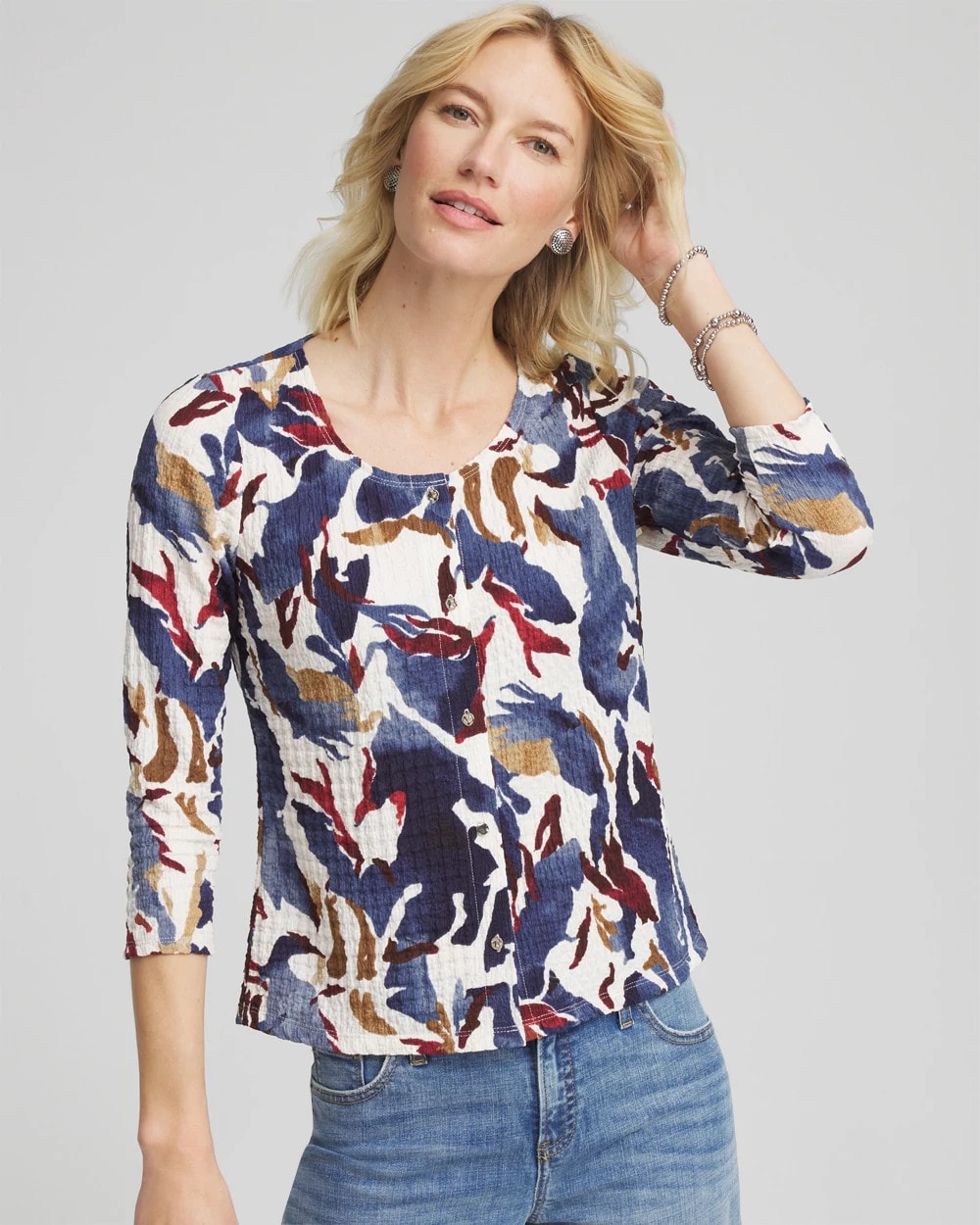 Chico's Clothing Printed Textured Scoopneck Cardigan