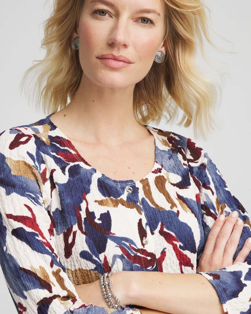 Chico's Clothing Printed Textured Scoopneck Cardigan