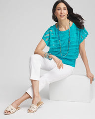 Chico's Clothing Embroidered Striped Banded Bottom Top