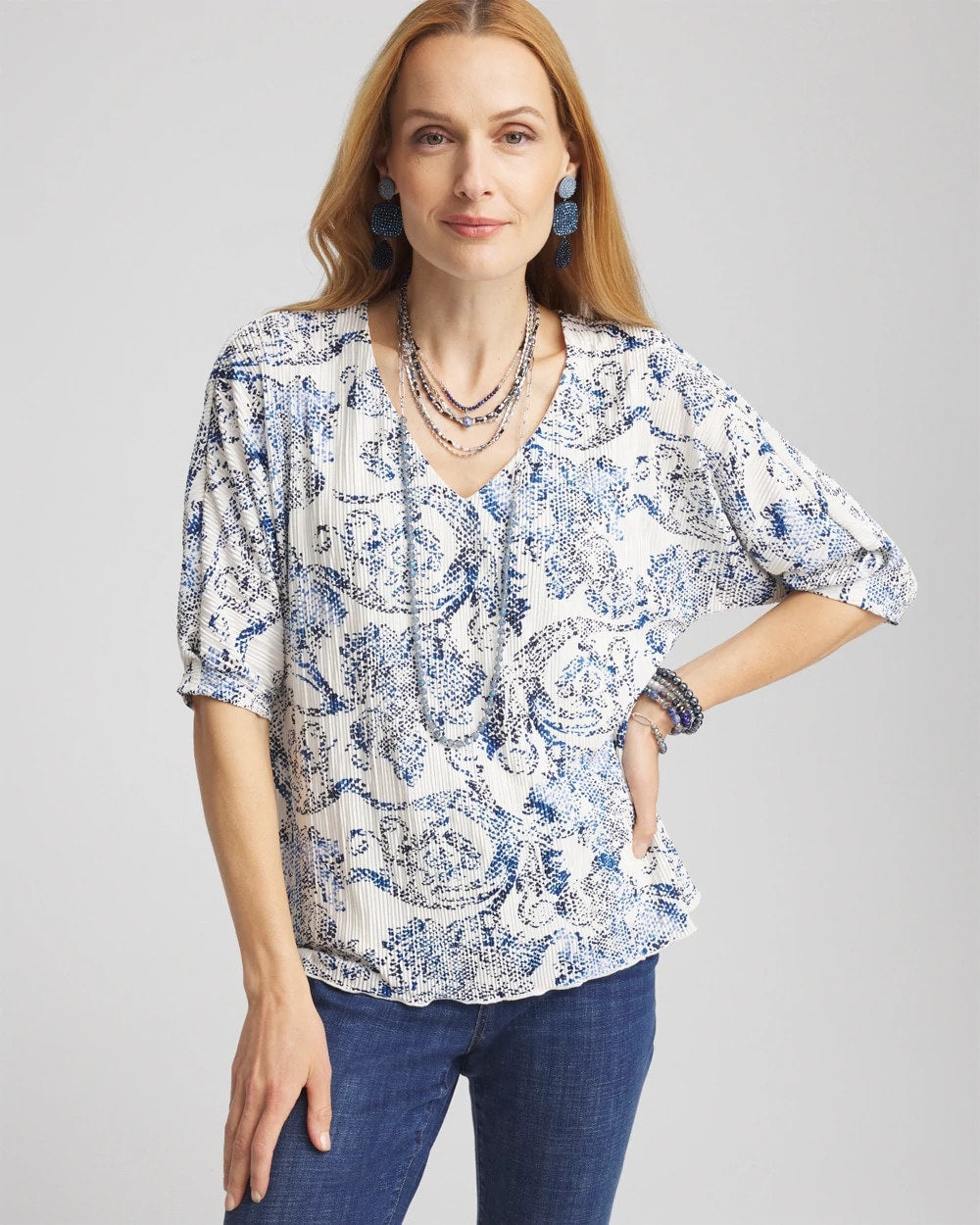 Chico's Clothing Snakeskin Print Crinkle Elbow Sleeve Tee
